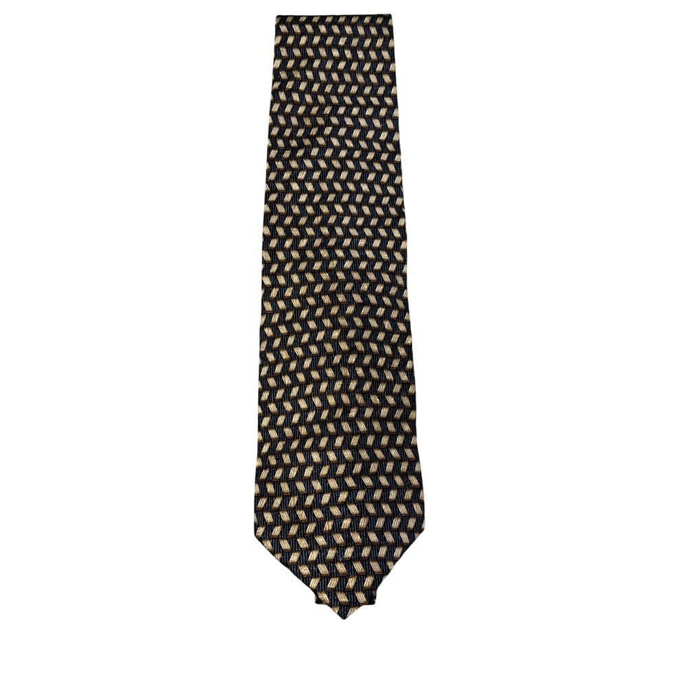 Ermenegildo Zegna Mens Silk Tie Gold Navy Blue Geometric Basketweave Italy